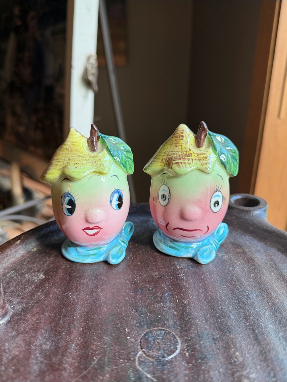 Vintage PY Anthropomorphic Pear Fruit Head Ceramic Salt & Pepper Shakers